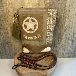 Canvas Leather Seed Purse Tan Beige Crossbody Bag Stars FAST SHIP NeW
